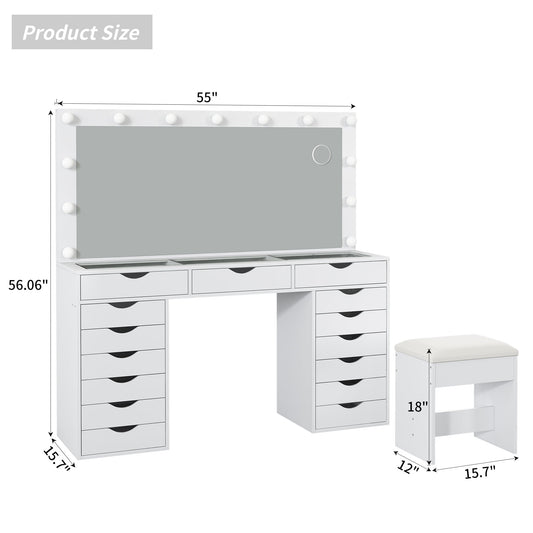 15-Drawer LED Mirror Vanity Desk - Vektaya