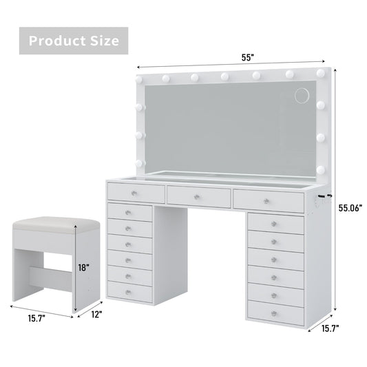 15-Drawer LED Mirror Vanity Desk - Vektaya