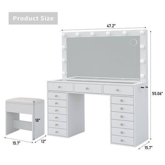 15-Drawer LED Mirror Vanity Desk - Vektaya