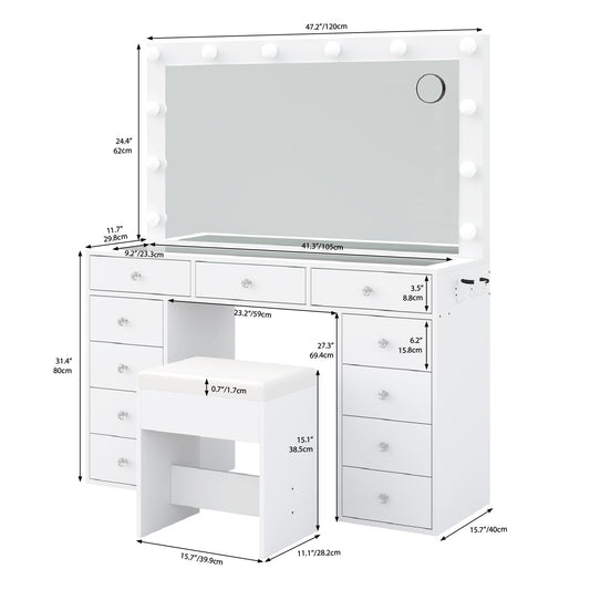 11-Drawer LED Mirror Vanity Desk - Vektaya