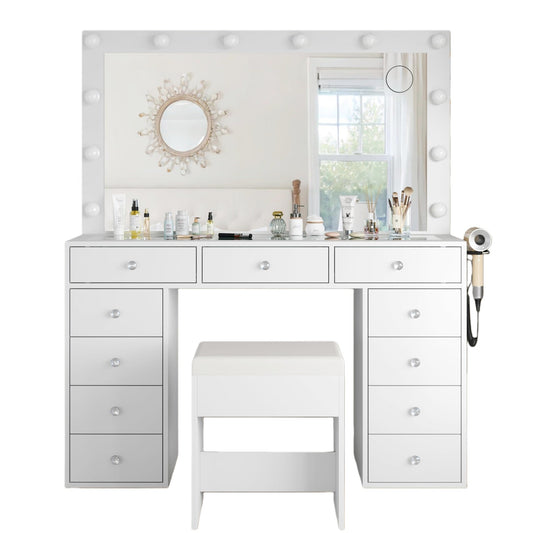 11-Drawer LED Mirror Vanity Desk - Vektaya