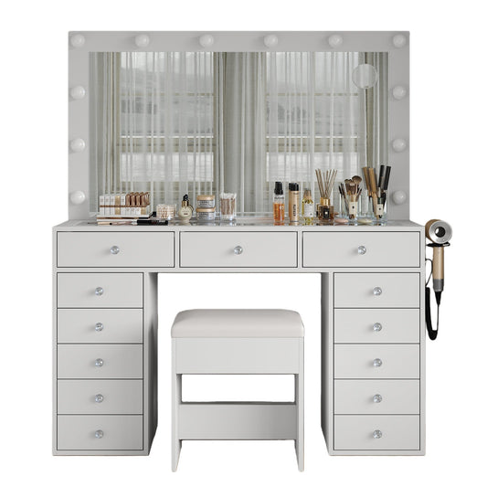 13-Drawer LED Mirror Vanity Desk - Vektaya