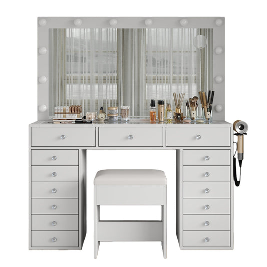 15-Drawer LED Mirror Vanity Desk - Vektaya