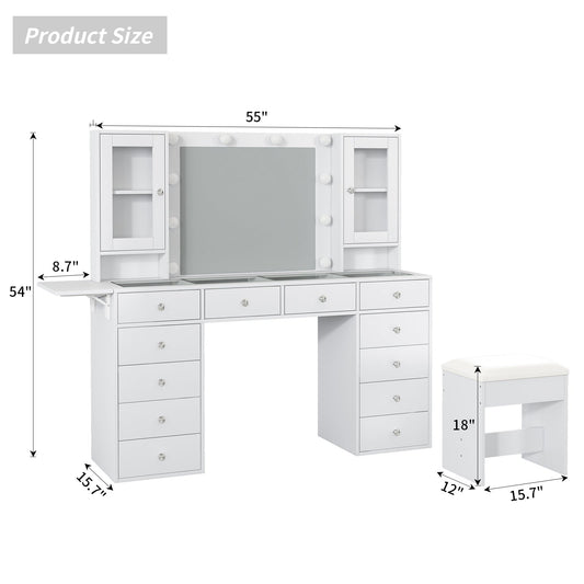12-Drawer LED Mirror Vanity Desk - Vektaya