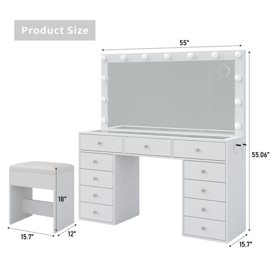 11-Drawer LED Mirror Vanity Desk - Vektaya